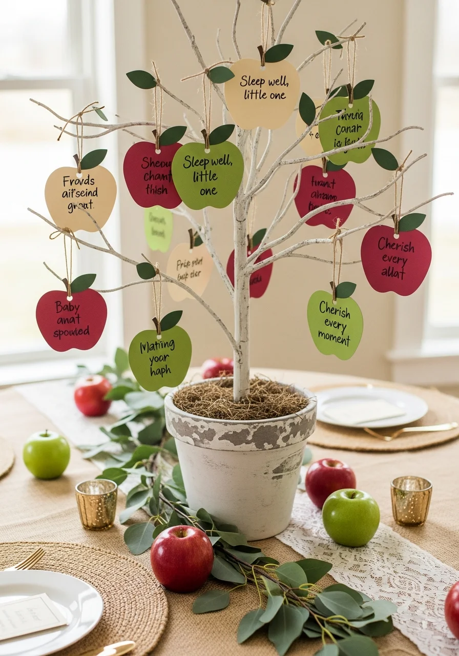 A wooden branch display with apple-shaped tags hanging from the limbs.