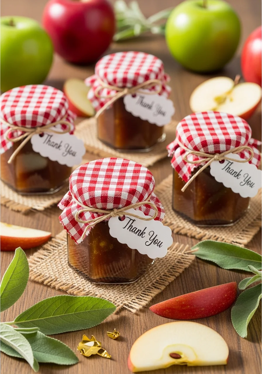 Small jars of apple butter with gingham fabric tops and thank you tags.