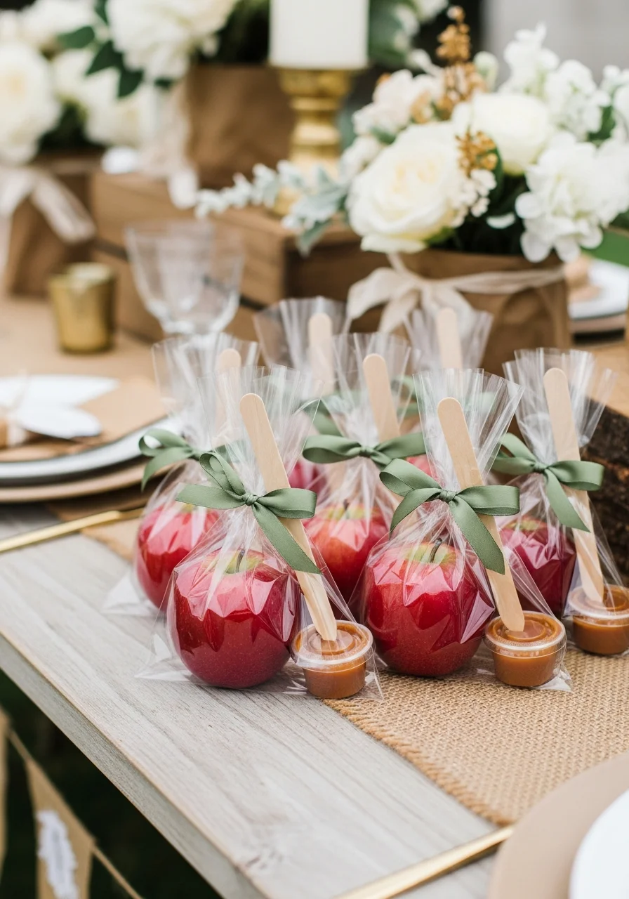 Caramel apple kits in cellophane bags with ribbons as party favors.
