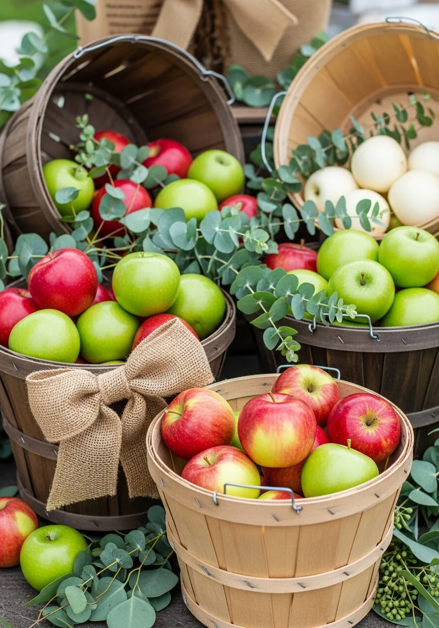 Wooden apple crates and bushel baskets filled with fresh apples and greenery used as floor decor.