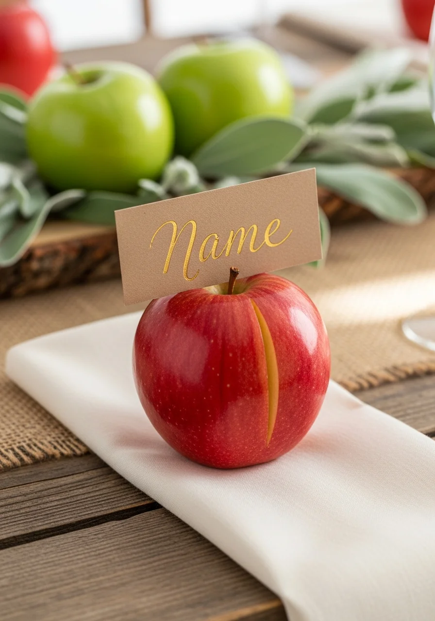 A red apple used as a place card holder for a guest's name on a linen napkin.