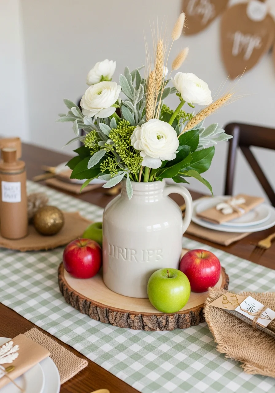 A rustic stoneware jug filled with white flowers and wheat stalks on a table.