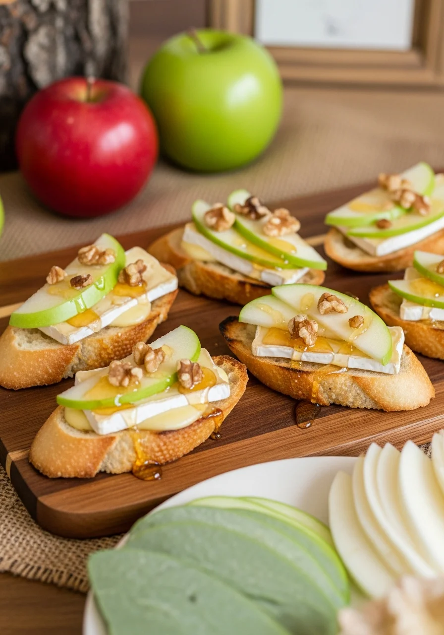 A wooden platter of brie and apple crostini garnished with walnuts and honey.