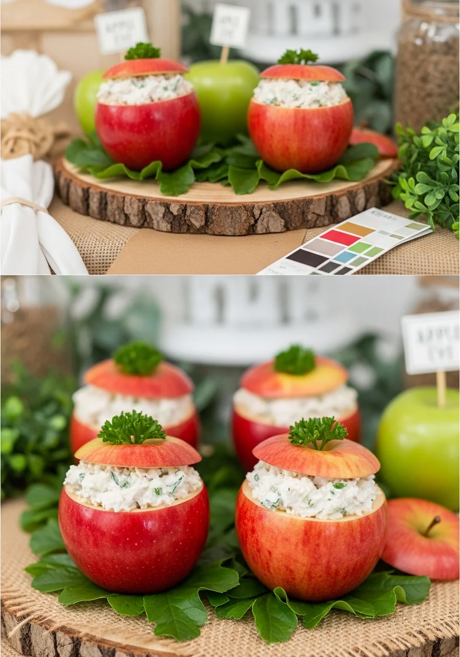 Individual red apples hollowed out and filled with chicken salad.