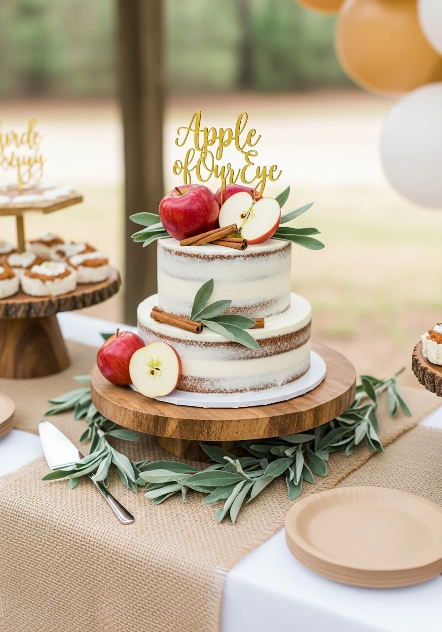 A two-tier rustic cake decorated with apples and cinnamon sticks.