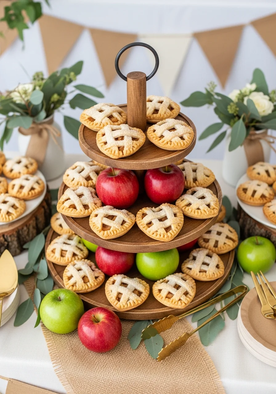 Miniature heart-shaped apple pies with lattice crusts on a wooden display.