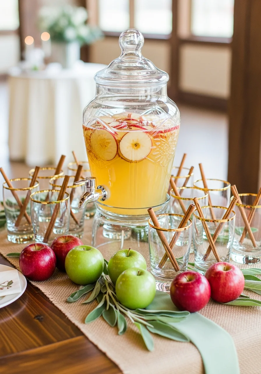 A drink station with sparkling cider, apple slices, and gold-rimmed glasses.