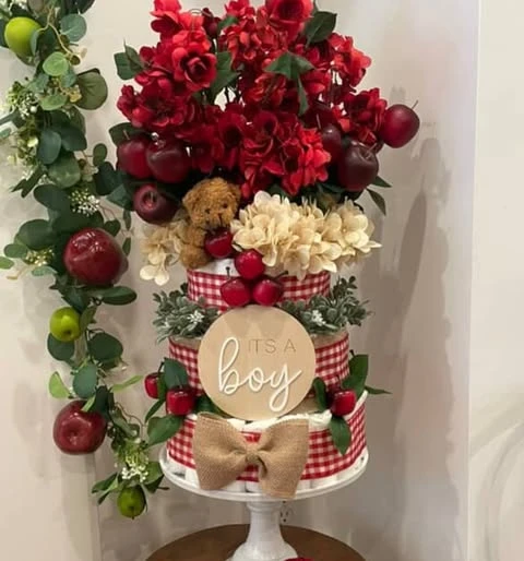 Gingham Diaper Cake Centerpiece apple of our eye baby shower ideas