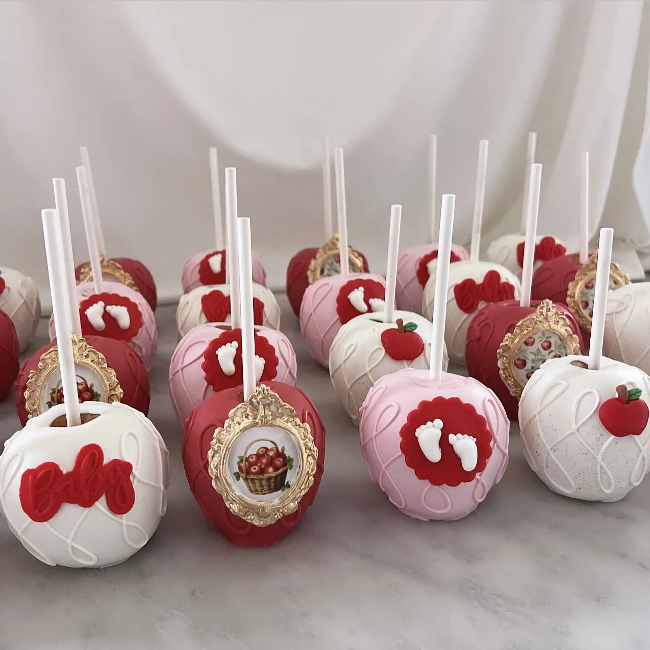 Ornate Candy Apple Displays apple of our eye baby shower ideas