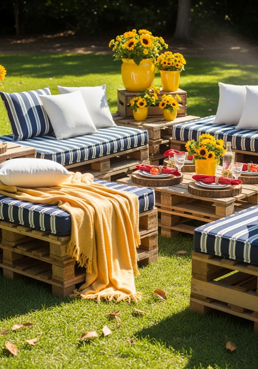 A low-profile outdoor lounge made of stacked wooden pallets with blue and white cushions.