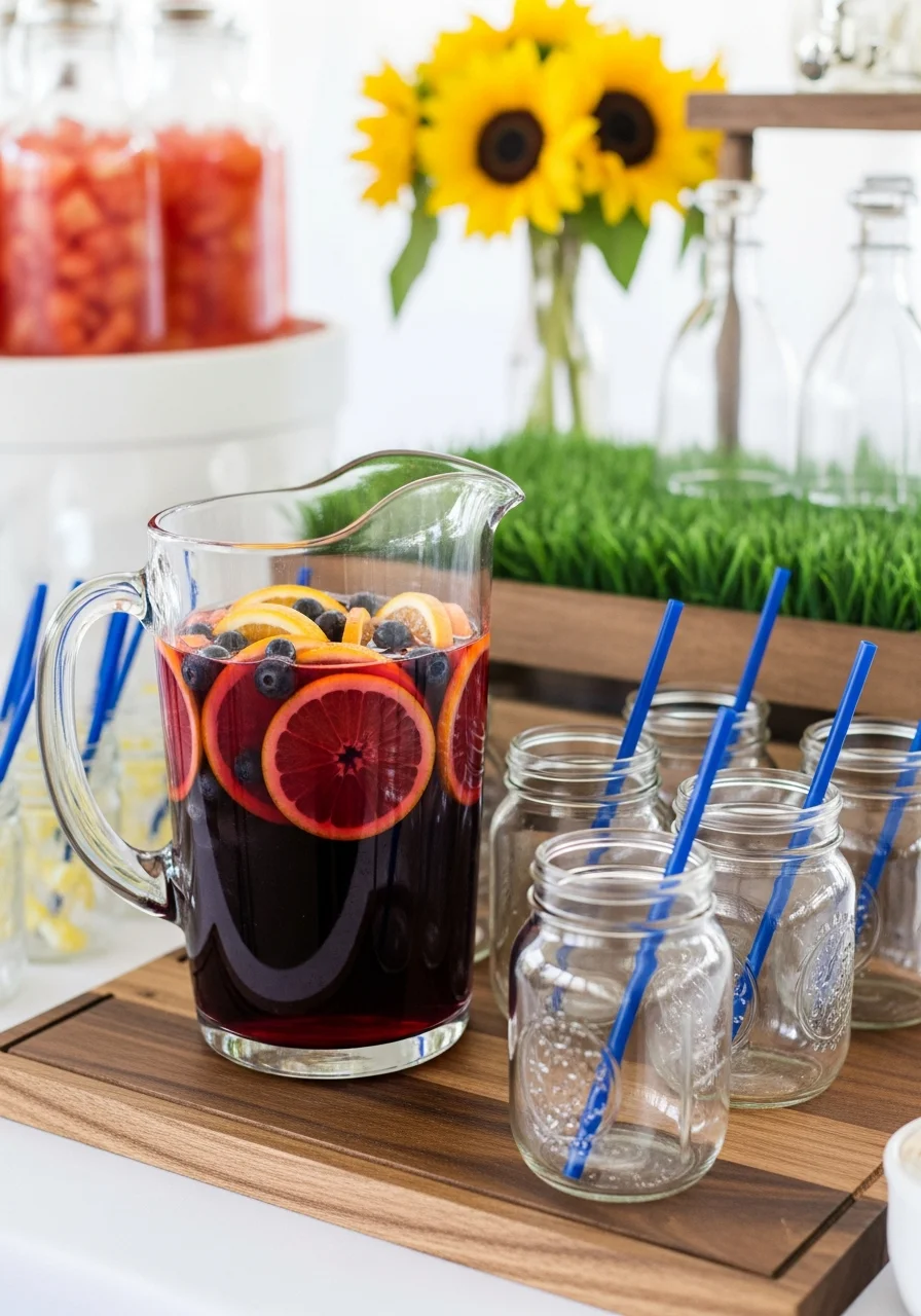 A pitcher of red sangria with fruit and blue straws in jars.