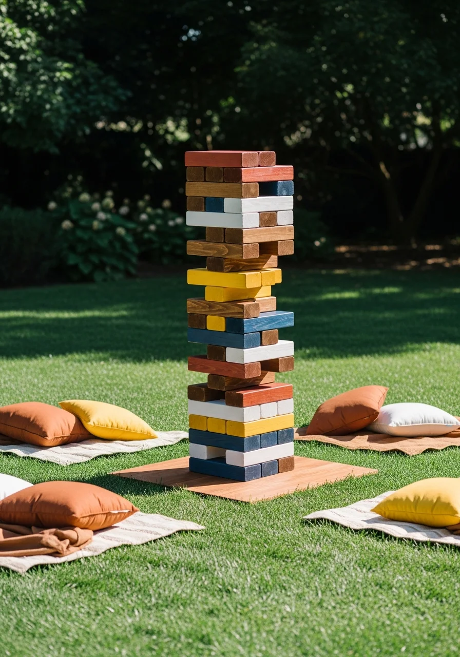 A giant wooden block tower game standing on a lawn.
