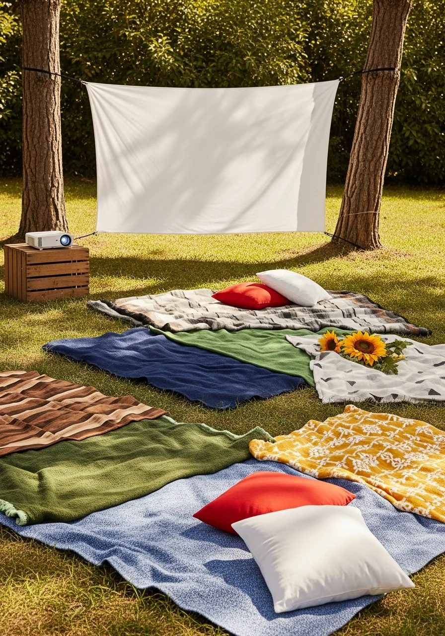 A makeshift outdoor movie screen made of a white sheet in a backyard.