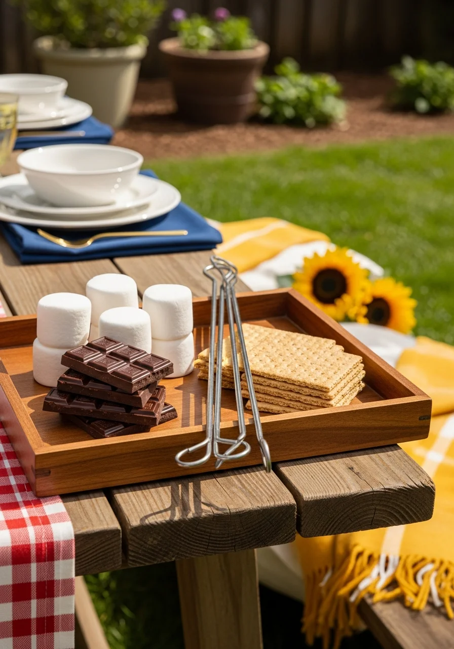 A tray of s'mores ingredients including chocolate and marshmallows near roasting sticks.