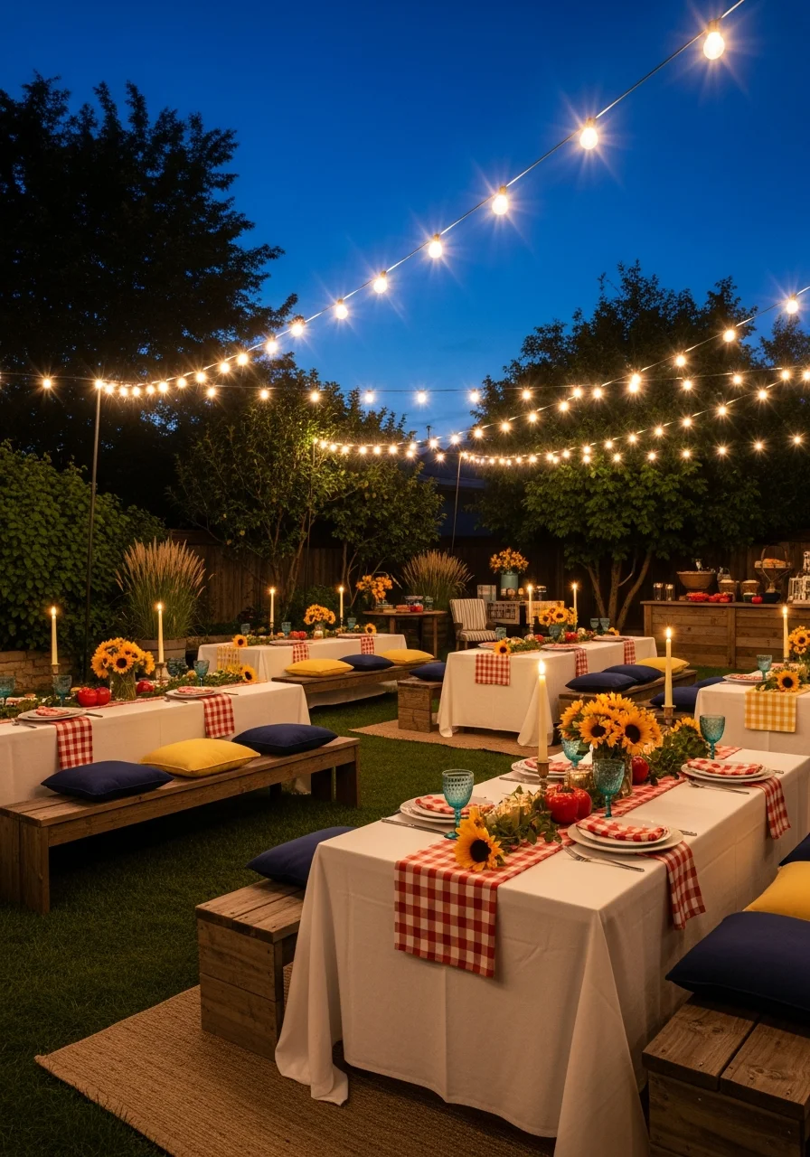 Edison-style string lights glowing over a backyard at dusk.