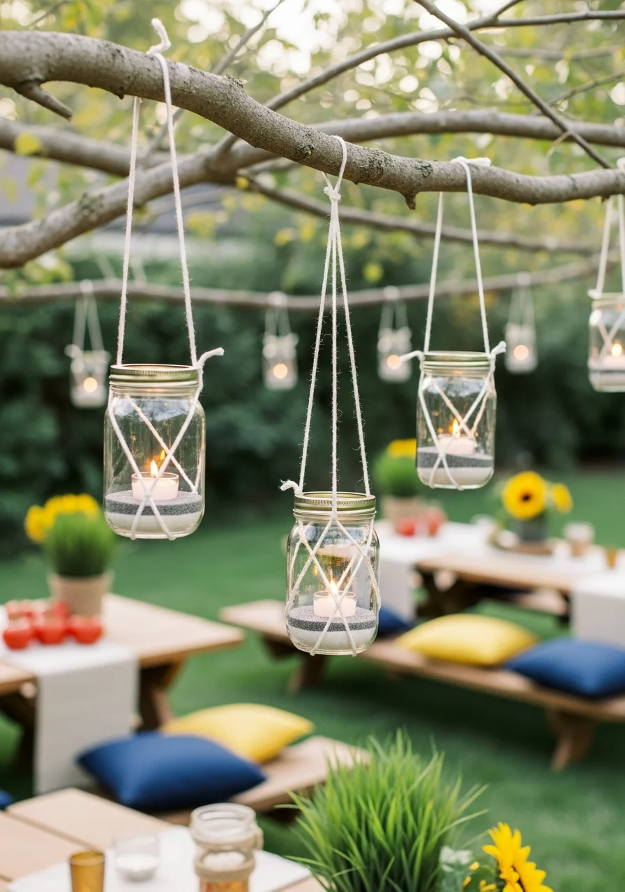 Glass mason jars with candles inside hanging from tree branches.