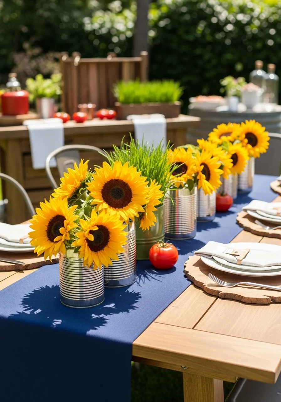 Sunflowers in rustic tin cans on a wooden table with a blue runner.