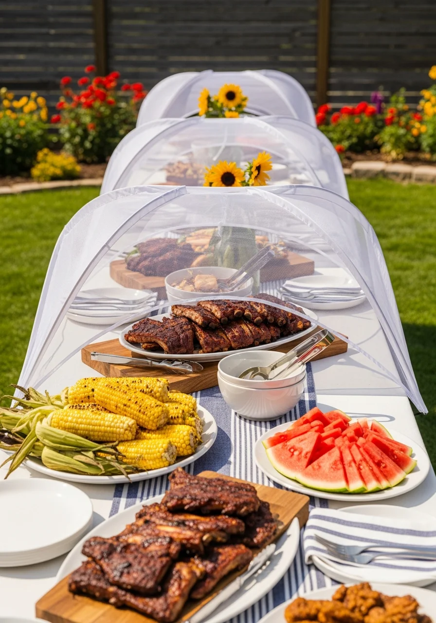 White mesh tents covering food platters on an outdoor table.