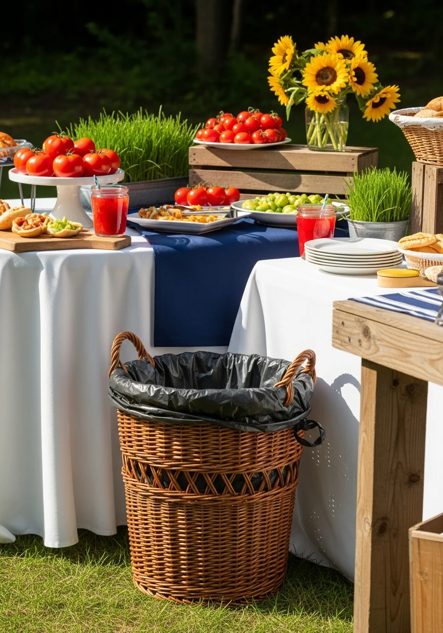 A wicker basket used as a trash can near a food table.