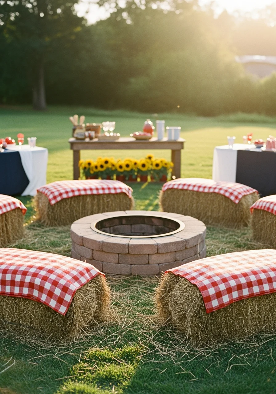 Hay bales with red checkered blankets arranged around a backyard fire pit.