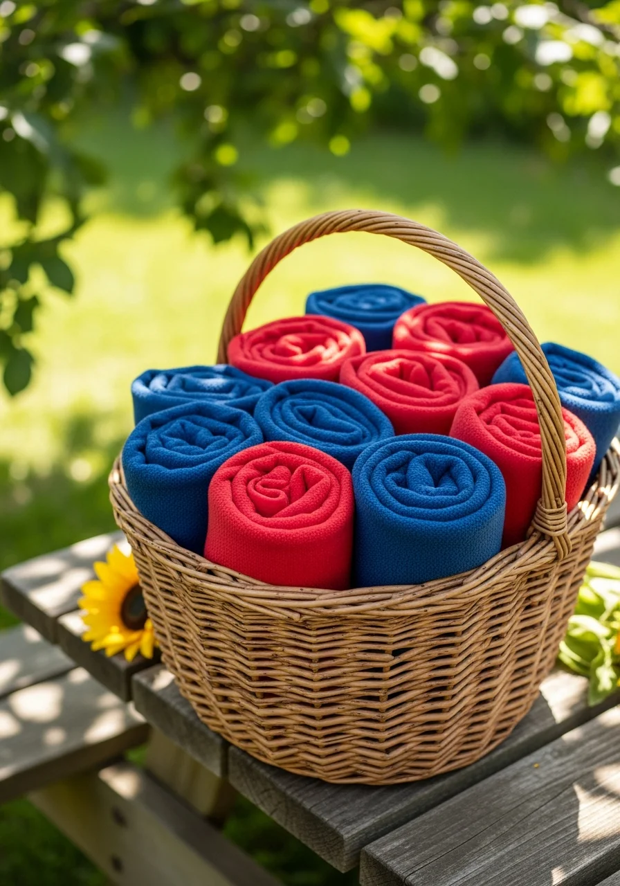 A woven basket filled with rolled blue and red blankets.