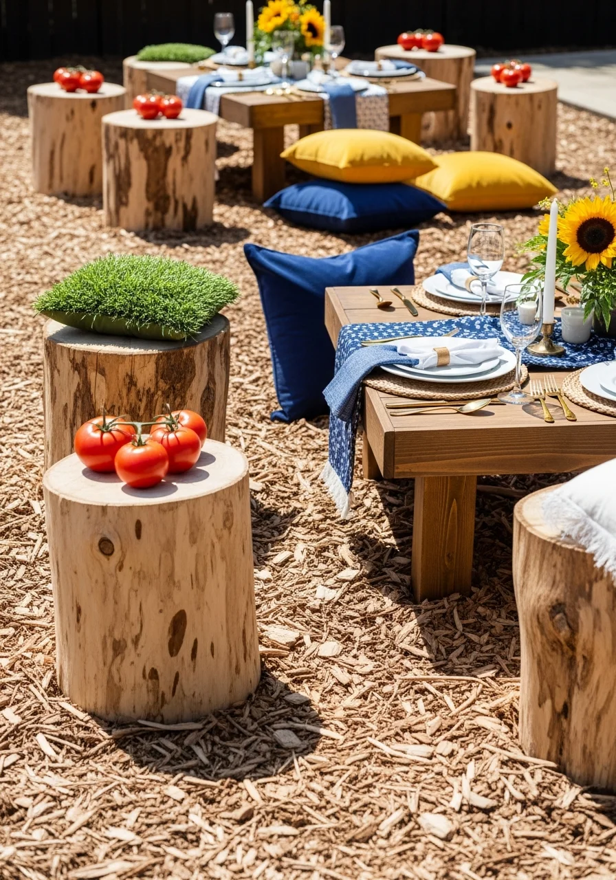 Sanded tree stumps used as stools around a low outdoor table.