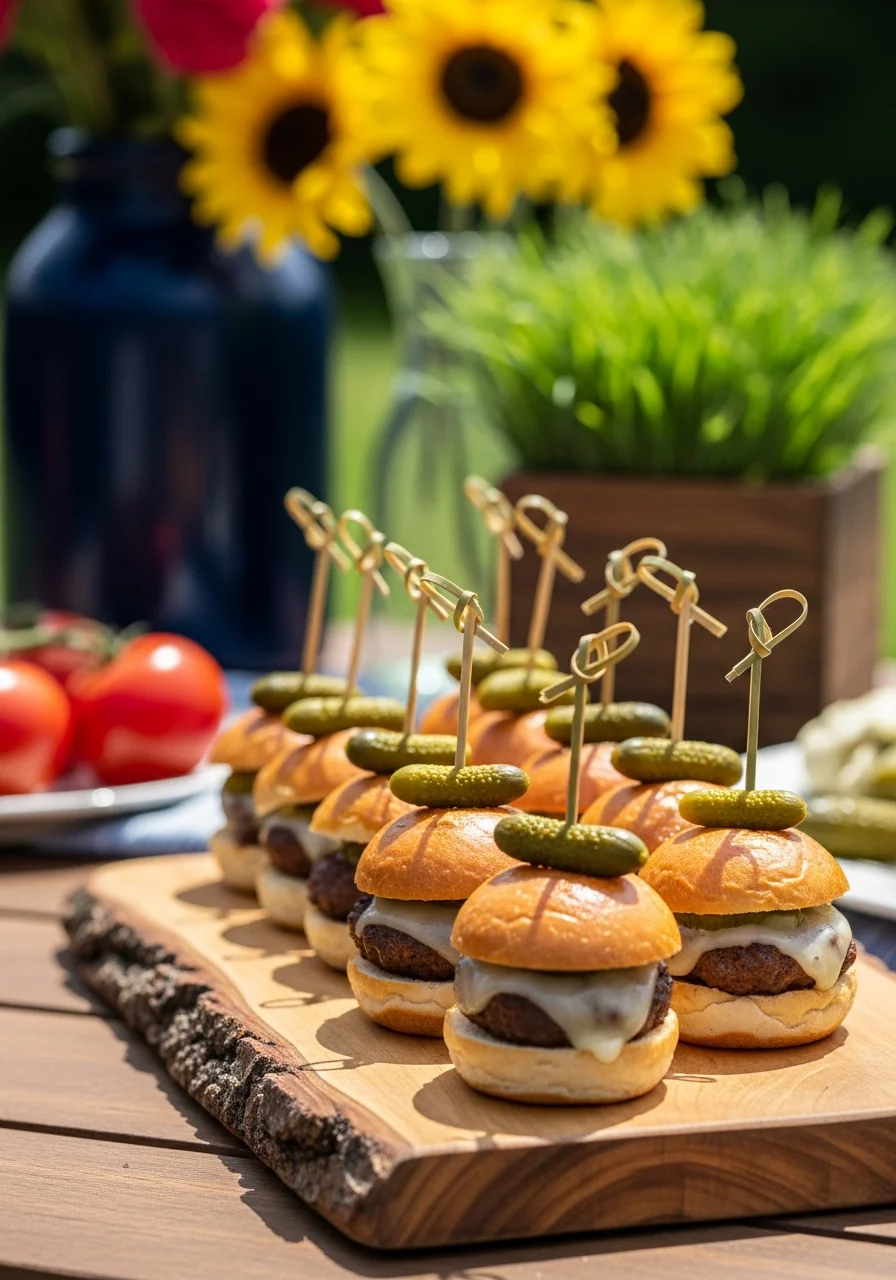 Small beef sliders on a wooden board with bamboo picks.