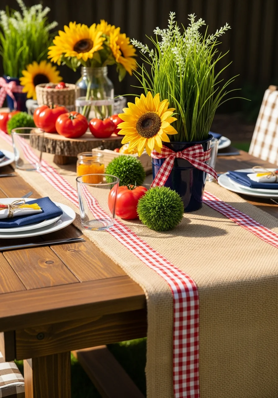 A wooden table with a burlap runner and red checkered ribbon.