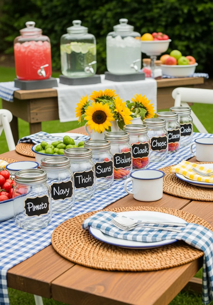 Mason jars with black chalkboard labels and names written on them.