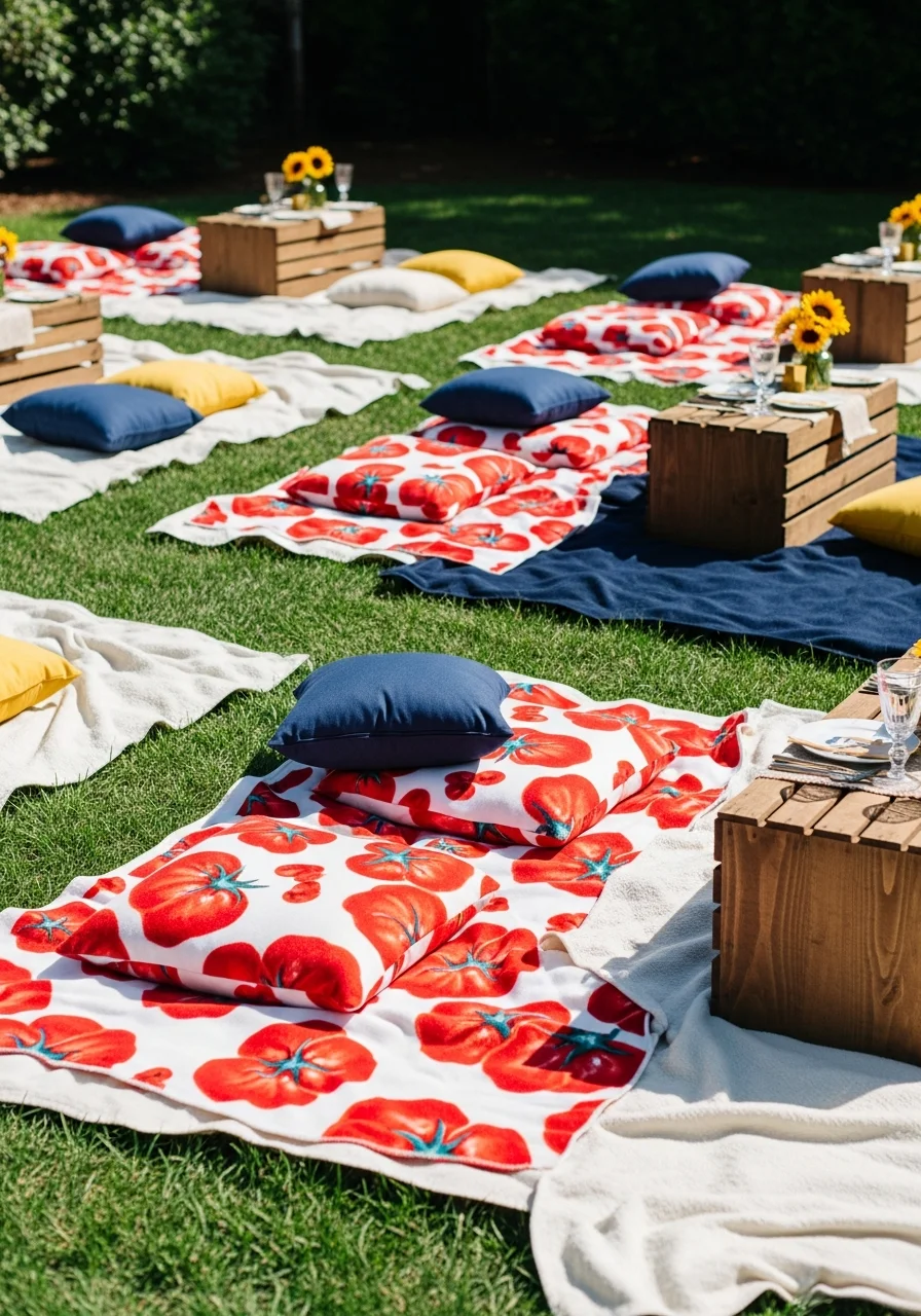 Red and white blankets spread on grass with wooden crates acting as small tables.