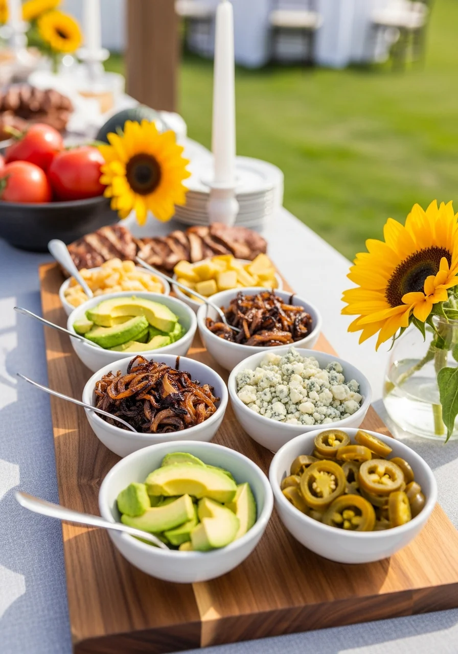 A wooden serving board with various gourmet burger toppings in small white bowls.