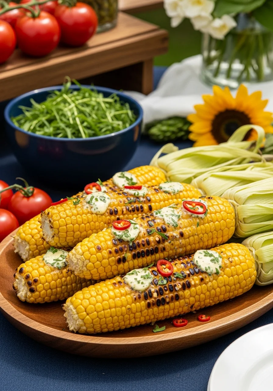 Grilled corn on the cob with melting butter and spices on a rustic wooden tray.