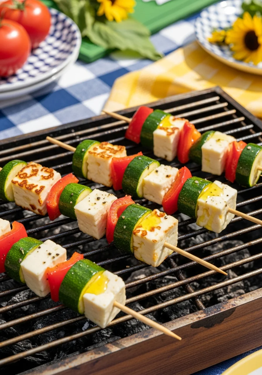 Vegetable and halloumi cheese skewers cooking on a grill.
