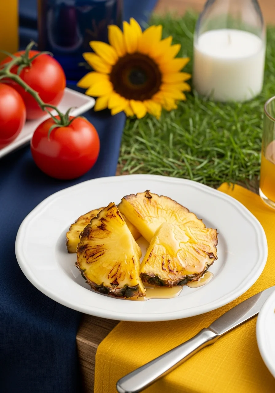 Grilled pineapple slices with honey drizzle on a white plate.