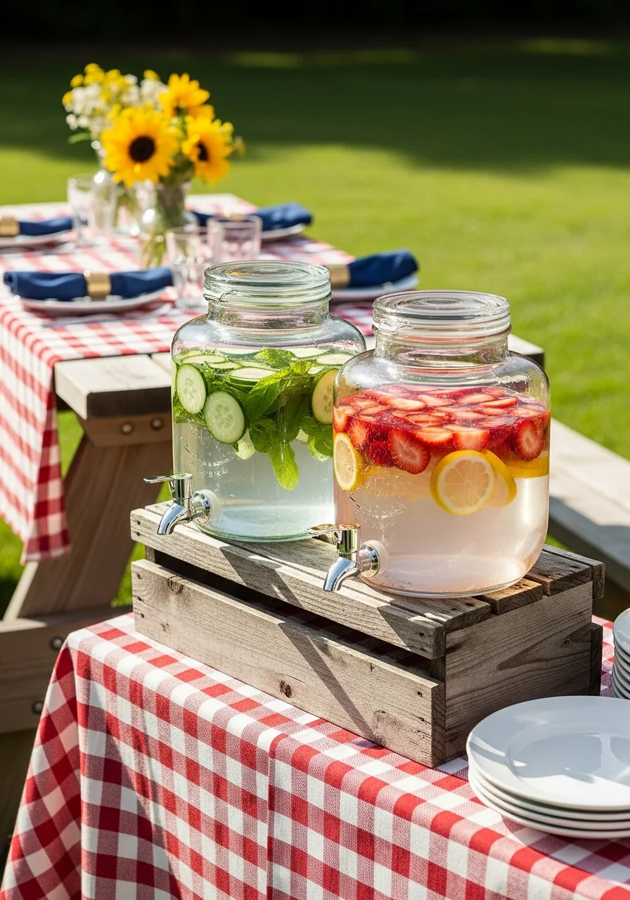 Clear glass water dispensers filled with colorful fruit and herbs.