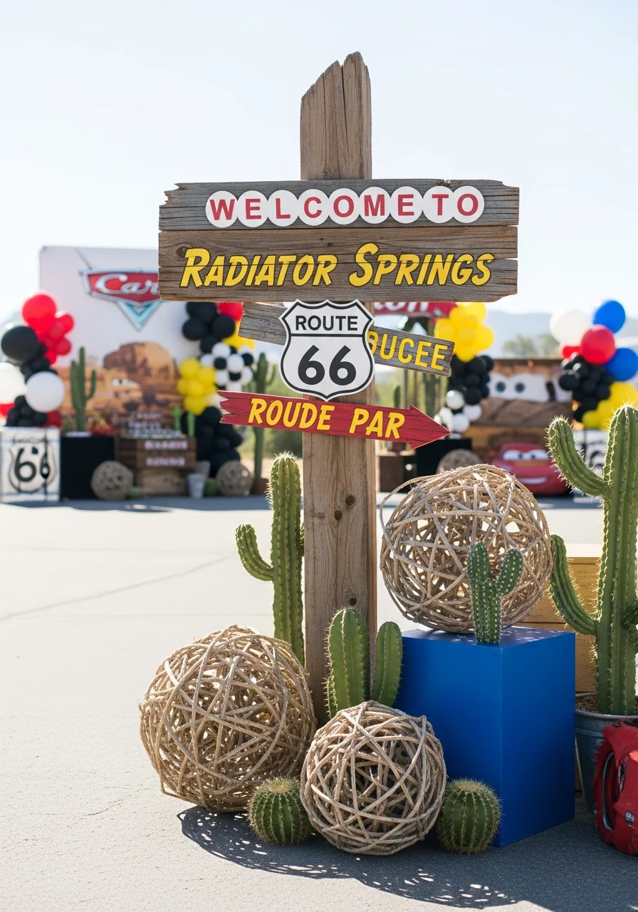 A rustic wooden welcome sign for a Radiator Springs themed party.