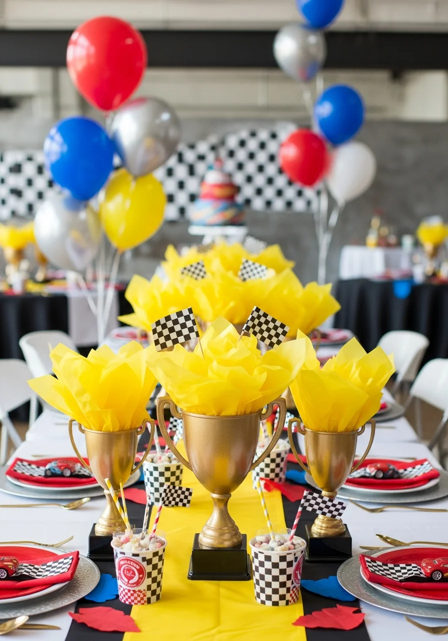 Gold trophy centerpieces filled with yellow tissue paper and racing flags.
