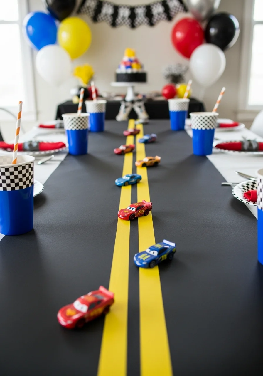A black table runner styled like a road with yellow lines and toy cars.