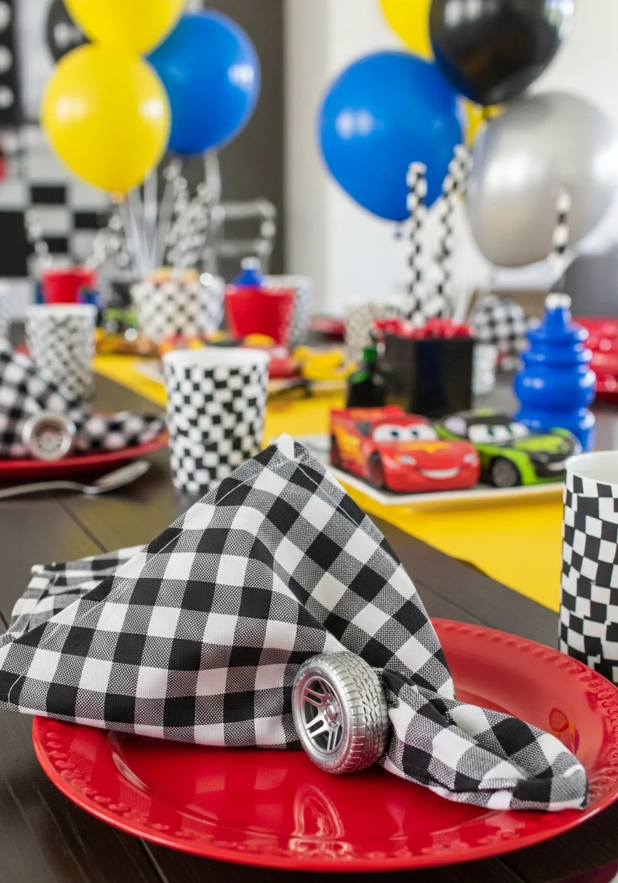 Checkered napkins with tire napkin rings on red plates.
