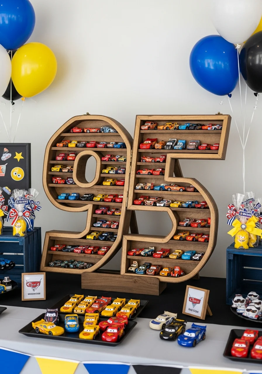 A wooden shelf shaped like the number 95 filled with toy cars.