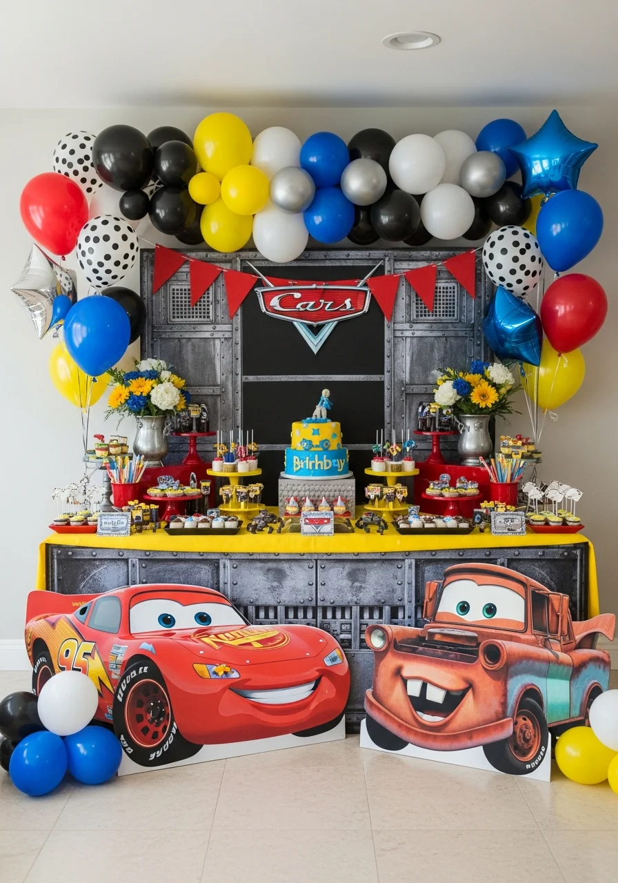 Large character cutouts of Lightning McQueen and Mater by a dessert table.
