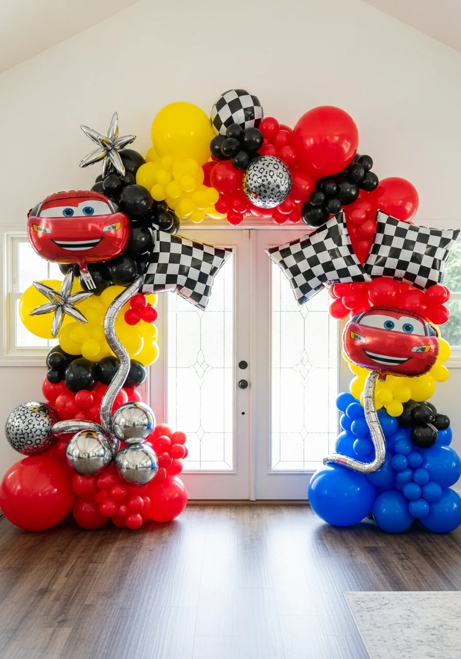 A large red, yellow, and black balloon arch with racing flag accents.