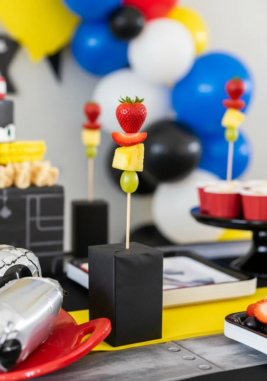 Fruit skewers arranged to look like traffic lights on a black base.