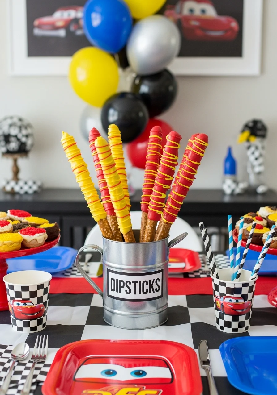 Chocolate dipped pretzel rods served in a metal oil can.