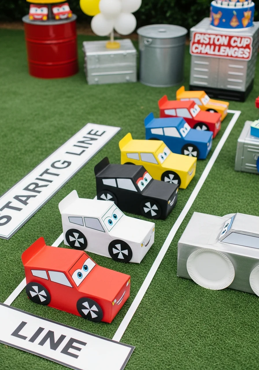 DIY cardboard box cars lined up for a race on a lawn.