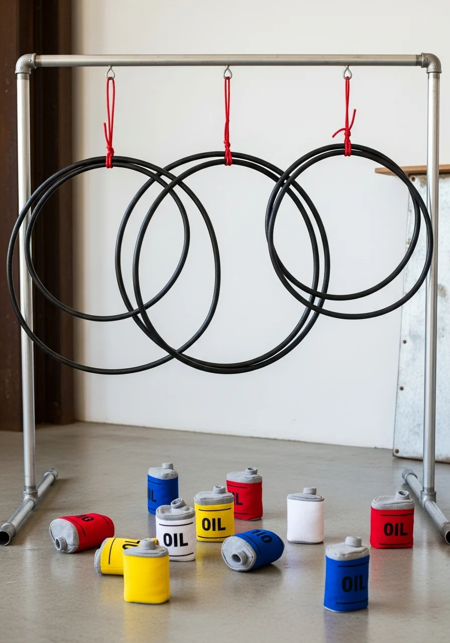 A tire toss game using black hoops and oil can bean bags.