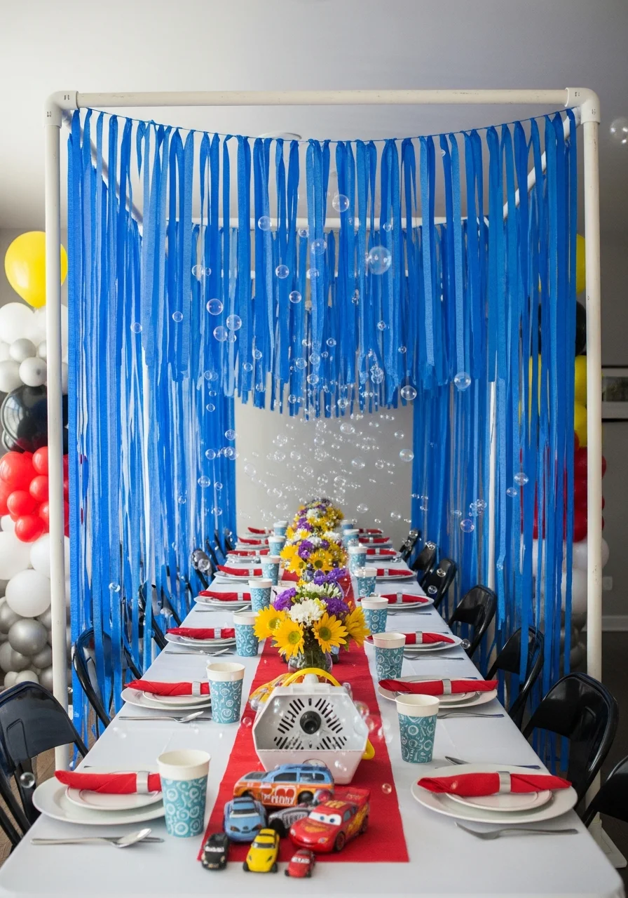 A DIY car wash station made of PVC pipes and streamers with bubbles.