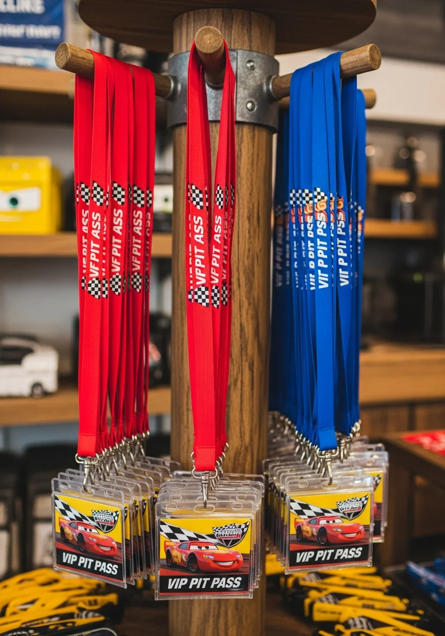 Red and black pit crew lanyards with VIP badges.