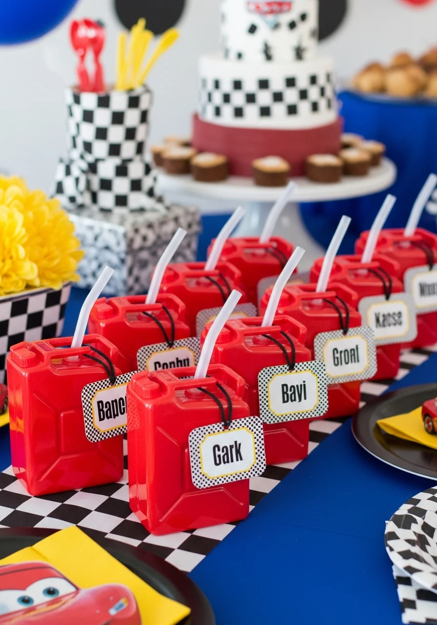 Red gas can shaped sippy cups with personalized tags.