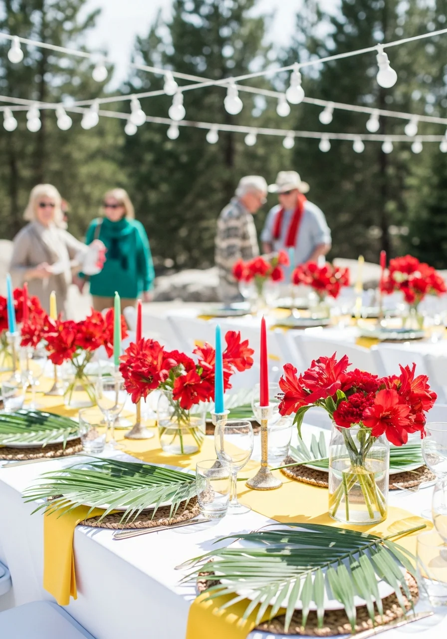 Tropical Christmas table setting with palm leaves and red flowers.